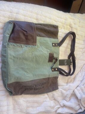 Canvas Tote Bag with Leather Handles - Sage Green